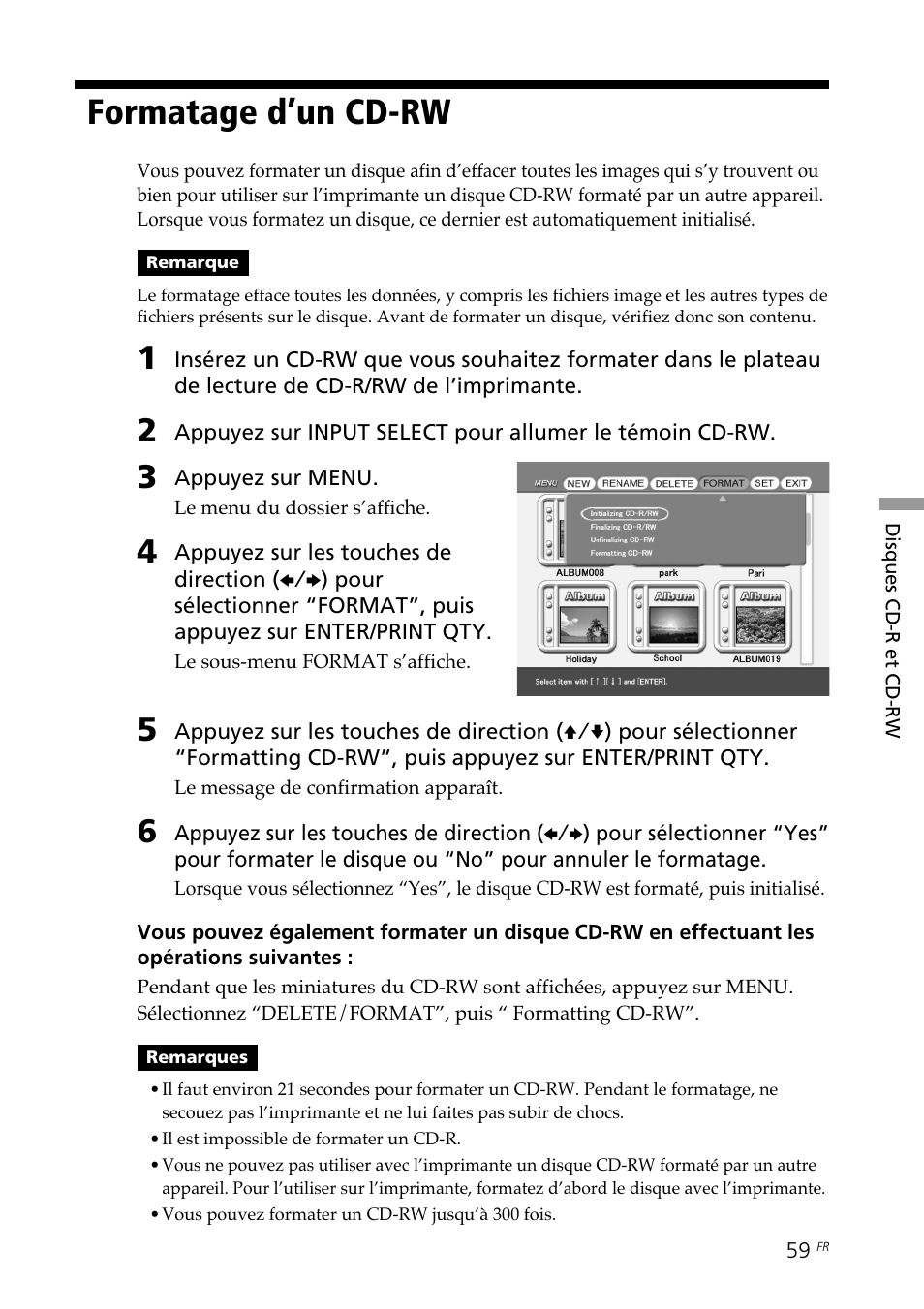 Formatage d’un cd-rw, Réglage de la vitesse d’accès aux, Données des disques cd-r/rw | Sony DPP-SV88 User Manual | Page 173 / 344