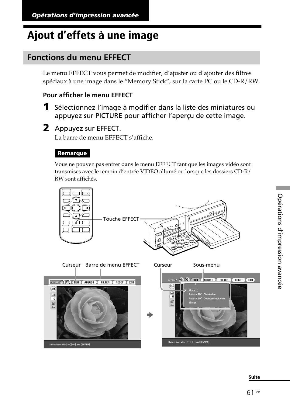 Ajout d’effets à une image, Fonctions du menu effect | Sony DPP-SV88 User Manual | Page 175 / 344