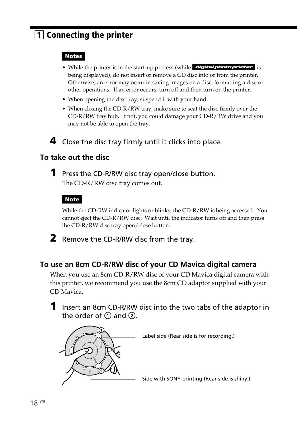 8cm cd-r/rw disc, Cd adaptor, Cd mavica | 1connecting the printer | Sony DPP-SV88 User Manual | Page 18 / 344