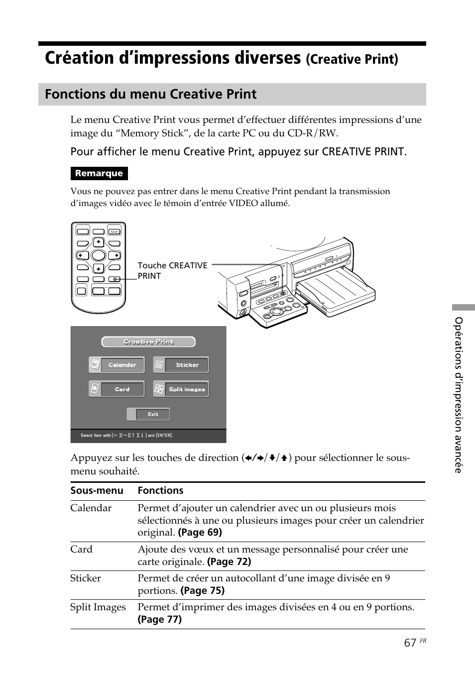 Création d’impressions diverses (creative print), Fonctions du menu creative print, Création d’impressions diverses | Creative print) | Sony DPP-SV88 User Manual | Page 181 / 344