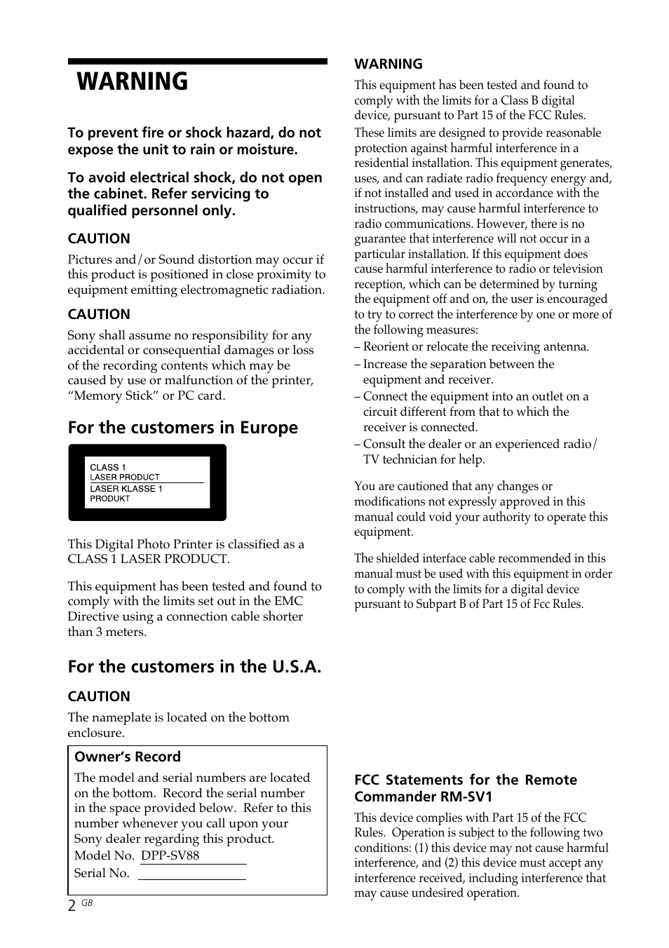 Warning, For the customers in europe, For the customers in the u.s.a | Sony DPP-SV88 User Manual | Page 2 / 344