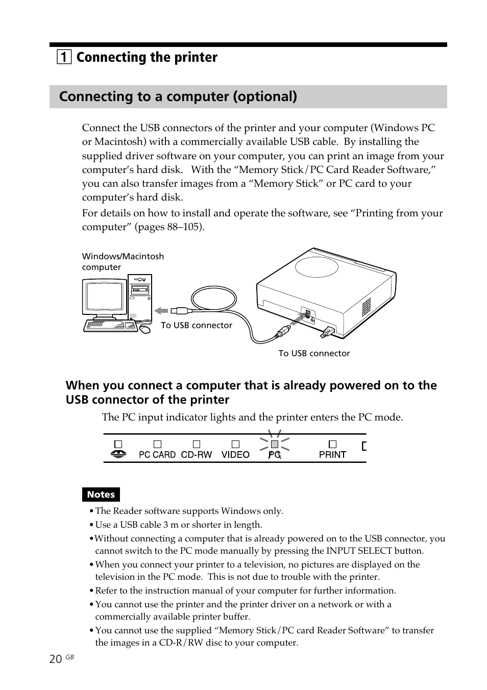 Connecting to a computer (optional), Computer, Input select | Pc mode, Usb connector | Sony DPP-SV88 User Manual | Page 20 / 344