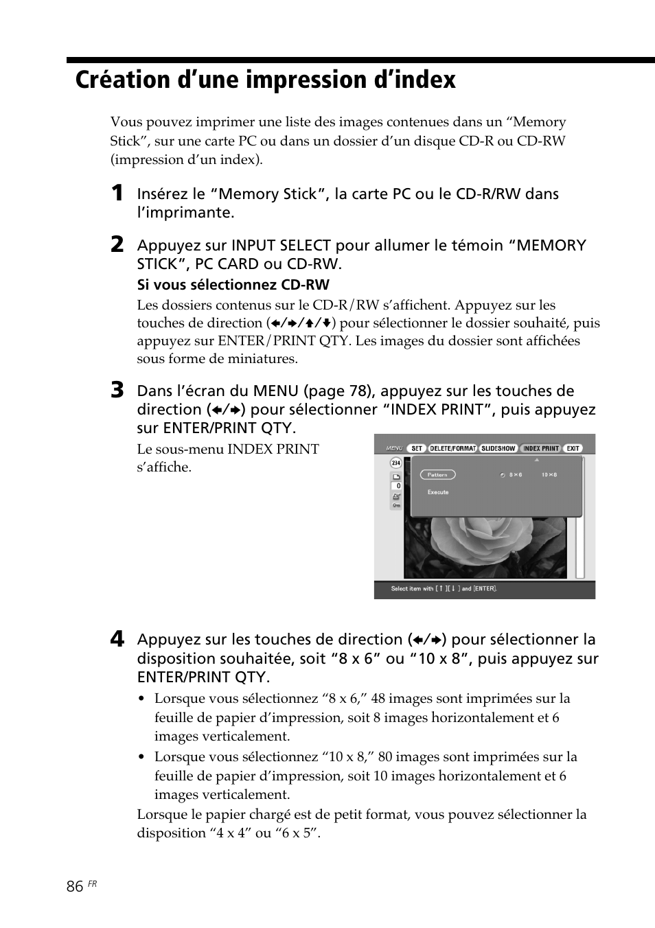 Création d’une impression d’index | Sony DPP-SV88 User Manual | Page 200 / 344