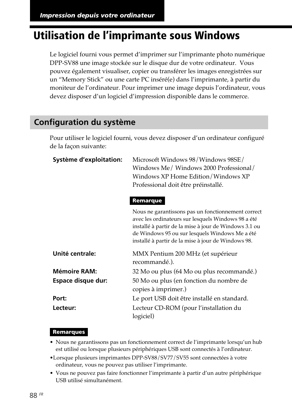 Impression depuis votre ordinateur, Utilisation de l’imprimante sous windows, Configuration du système | Sony DPP-SV88 User Manual | Page 202 / 344