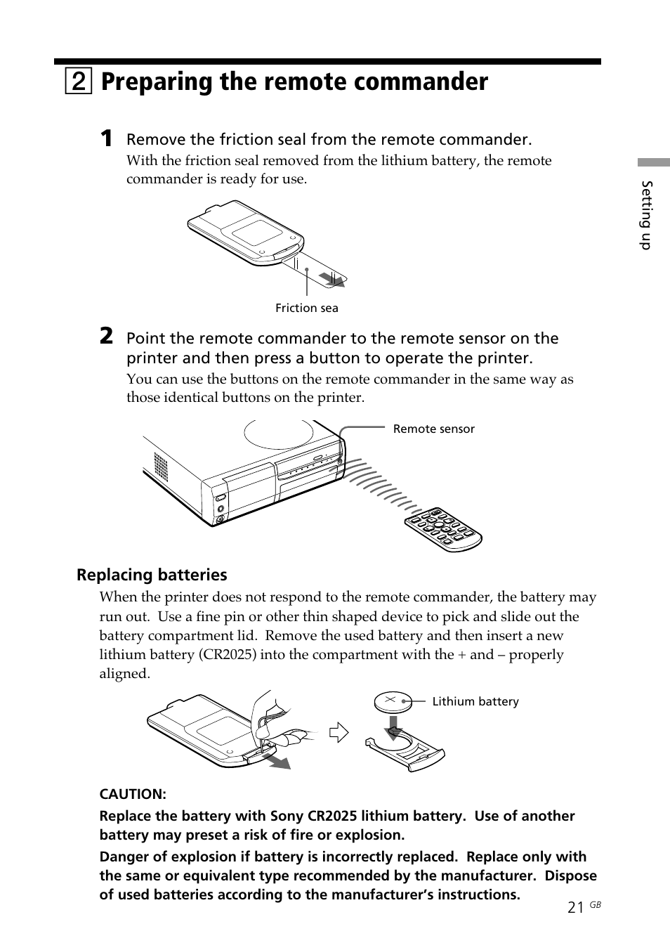 2 preparing the remote commander, Replacing batteries, Preparing the remote commander | 2preparing the remote commander | Sony DPP-SV88 User Manual | Page 21 / 344