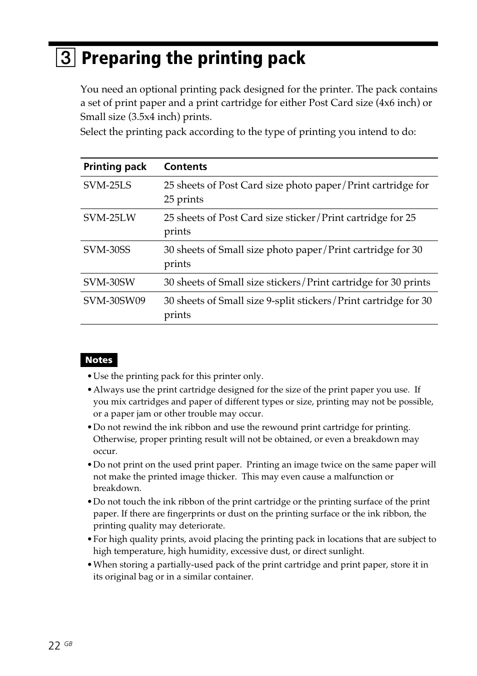 3 preparing the printing pack, Printing pack, Preparing the printing pack | 3preparing the printing pack | Sony DPP-SV88 User Manual | Page 22 / 344