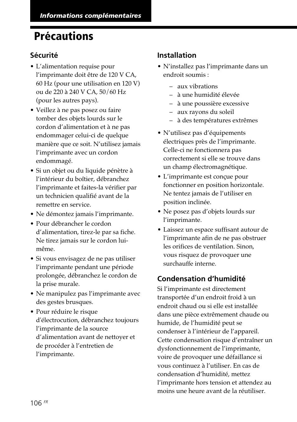 Informations complémentaires, Précautions | Sony DPP-SV88 User Manual | Page 220 / 344