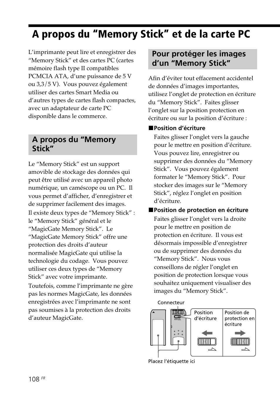 A propos du “memory stick” et de la carte pc, A propos du “memory stick, Pour protéger les images d’un “memory stick | A propos du “memory stick” et de la, Carte pc | Sony DPP-SV88 User Manual | Page 222 / 344