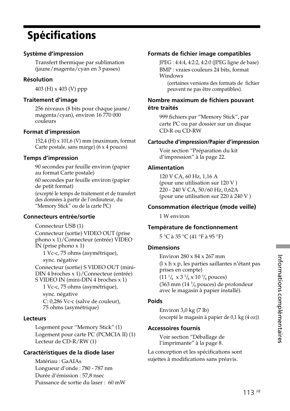 Spécifications | Sony DPP-SV88 User Manual | Page 227 / 344