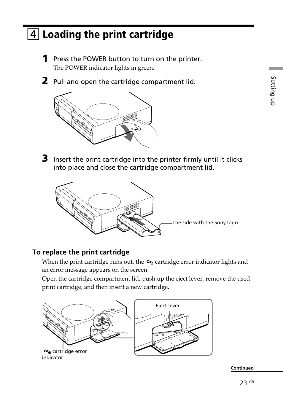 4 loading the print cartridge, Cartridge compartment lid, Cartridge error indicator | Eject lever, Print cartridge, Loading the print cartridge, 4loading the print cartridge | Sony DPP-SV88 User Manual | Page 23 / 344