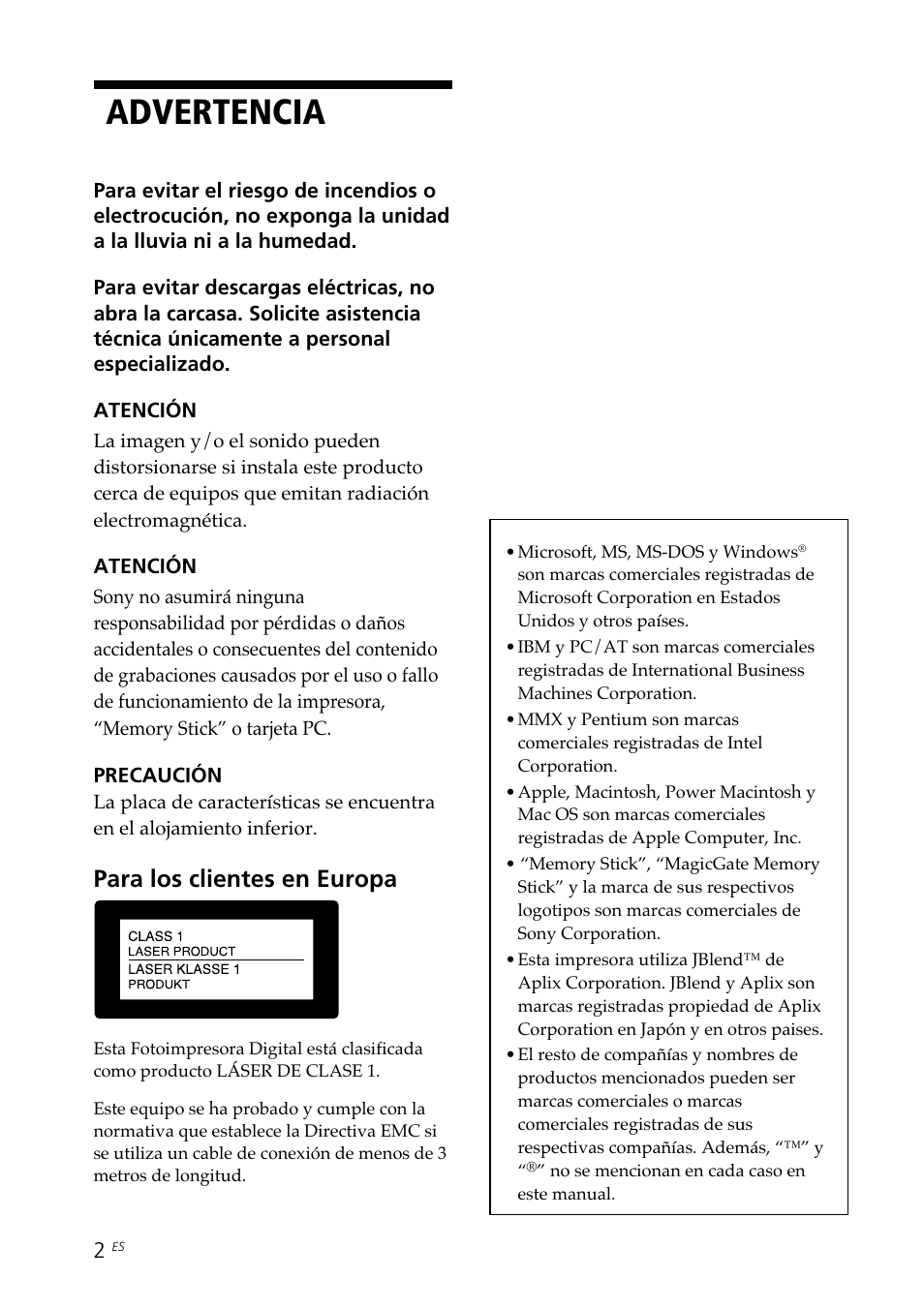 Advertencia, Para los clientes en europa | Sony DPP-SV88 User Manual | Page 230 / 344