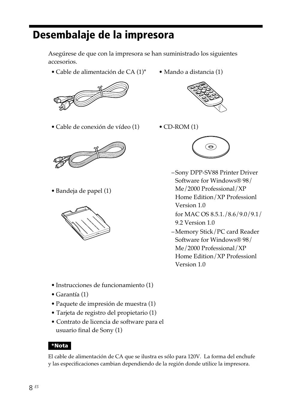 Desembalaje de la impresora | Sony DPP-SV88 User Manual | Page 236 / 344