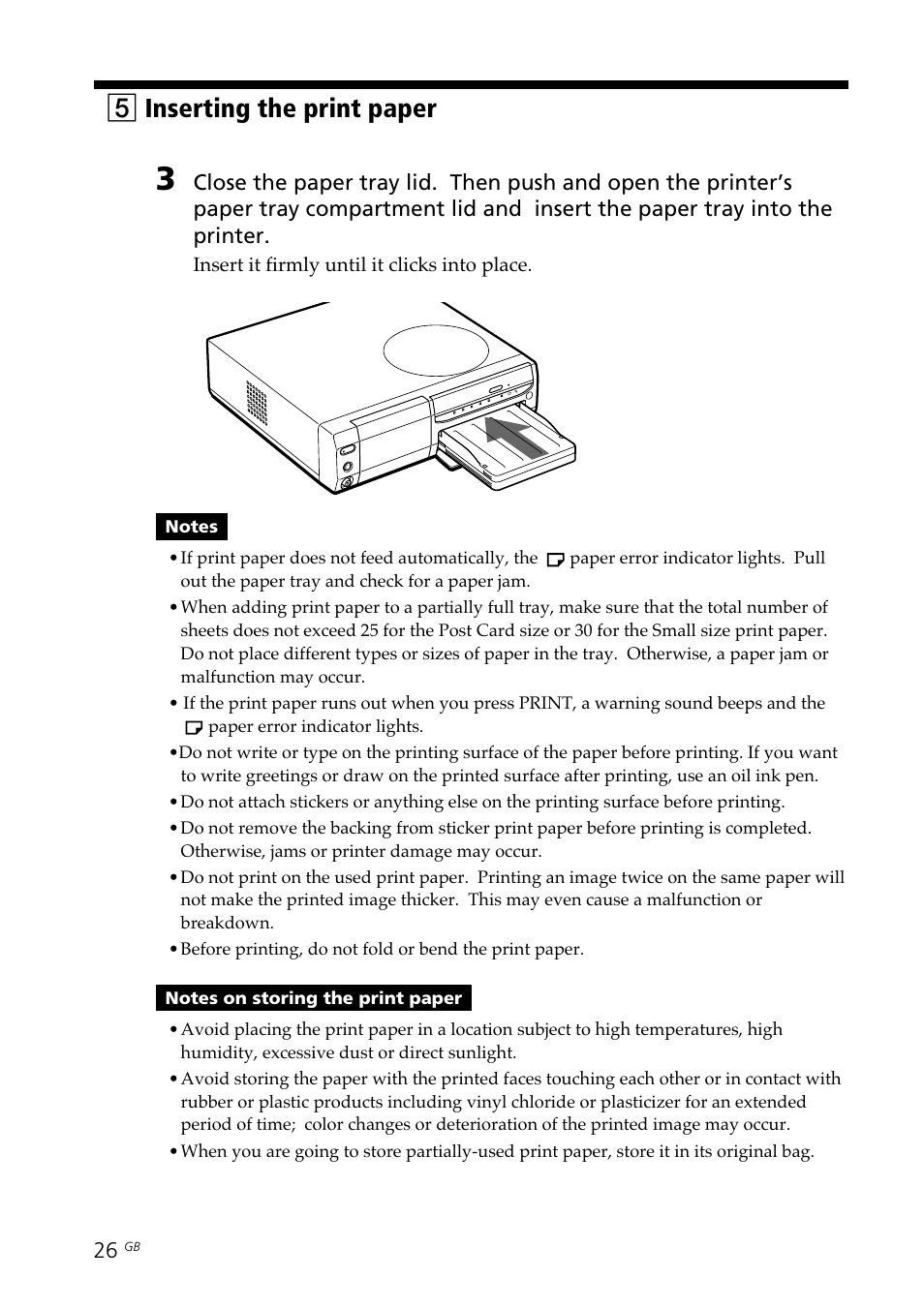Paper tray, Paper error indicator, 5inserting the print paper | Sony DPP-SV88 User Manual | Page 26 / 344