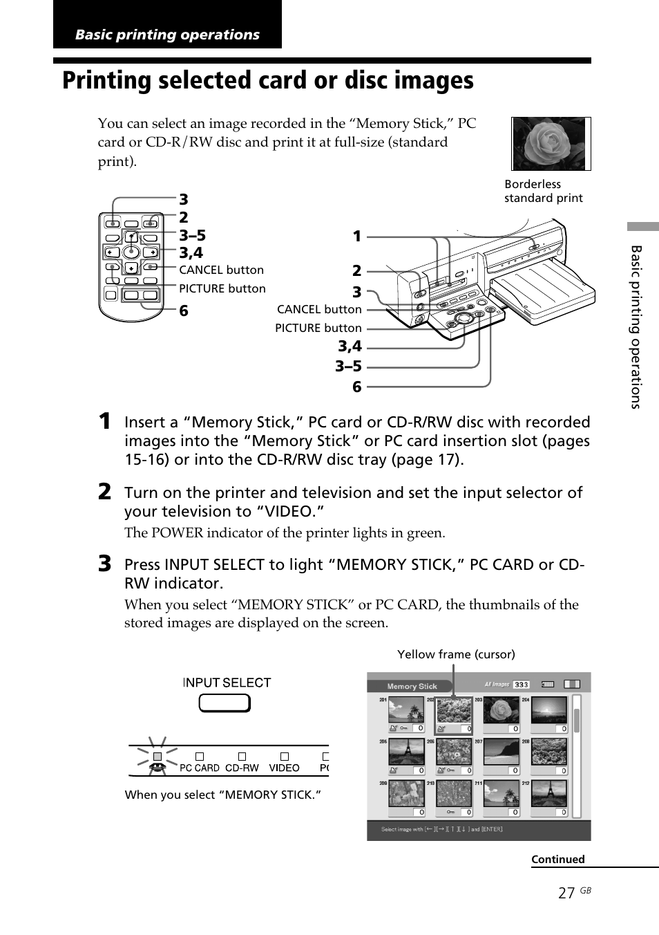 Basic printing operations, Printing selected card or disc images, Printing | Selected card or disc images, Standard print | Sony DPP-SV88 User Manual | Page 27 / 344