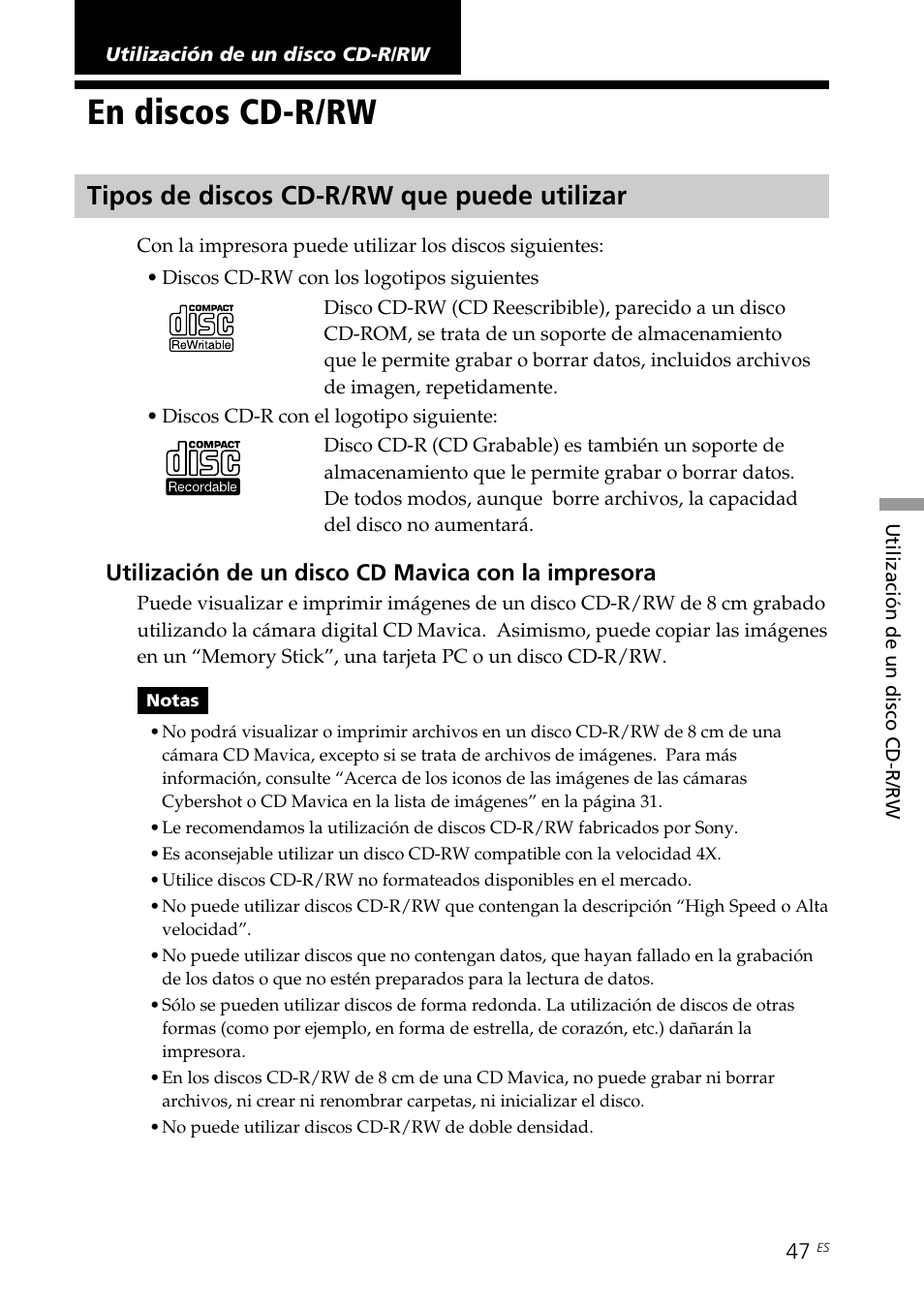 Utilización de un disco cd-r/rw, En discos cd-r/rw, Tipos de discos cd-r/rw que puede utilizar | Sony DPP-SV88 User Manual | Page 275 / 344