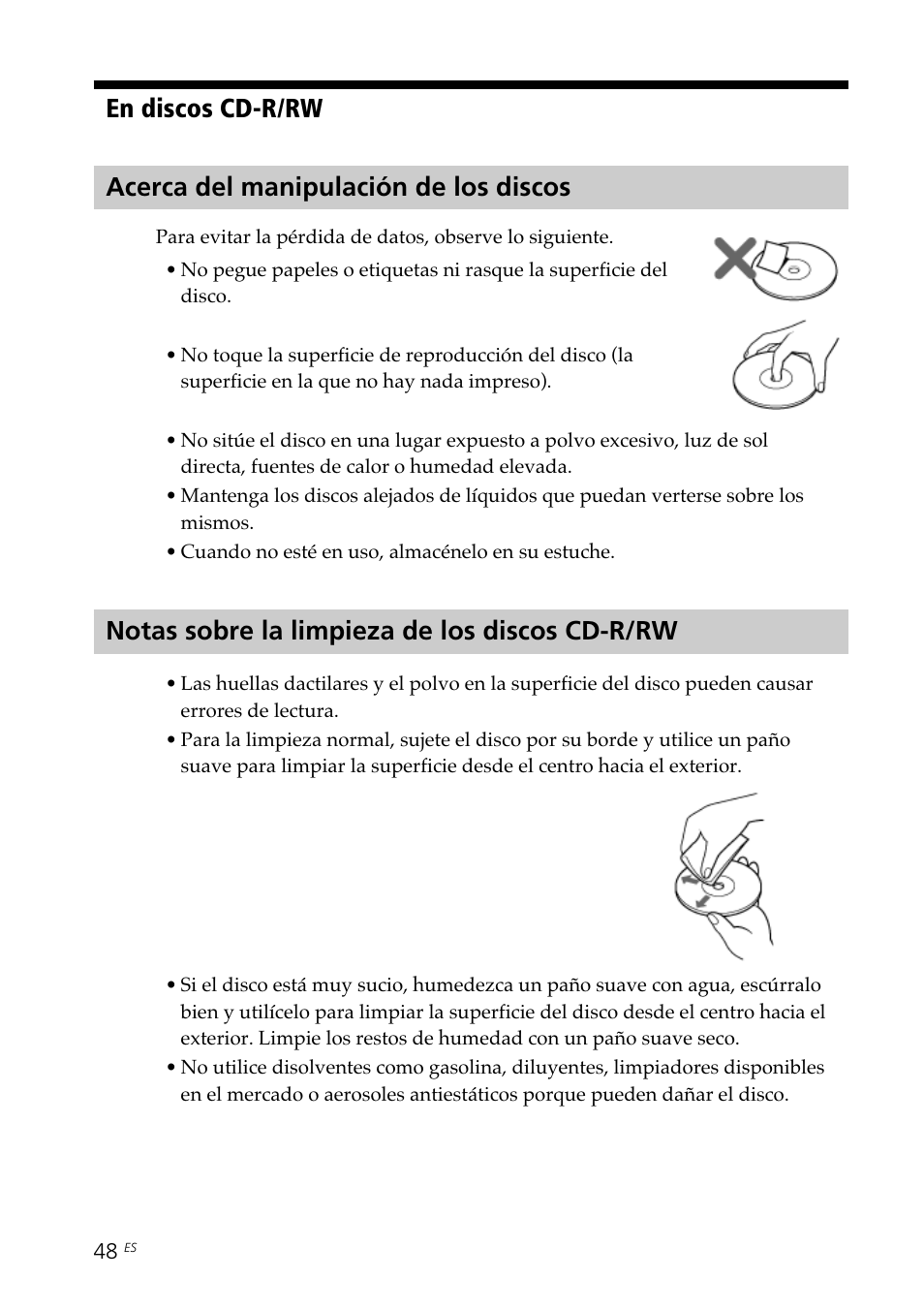 Acerca del manipulación de los discos, Notas sobre la limpieza de los discos cd-r/rw | Sony DPP-SV88 User Manual | Page 276 / 344