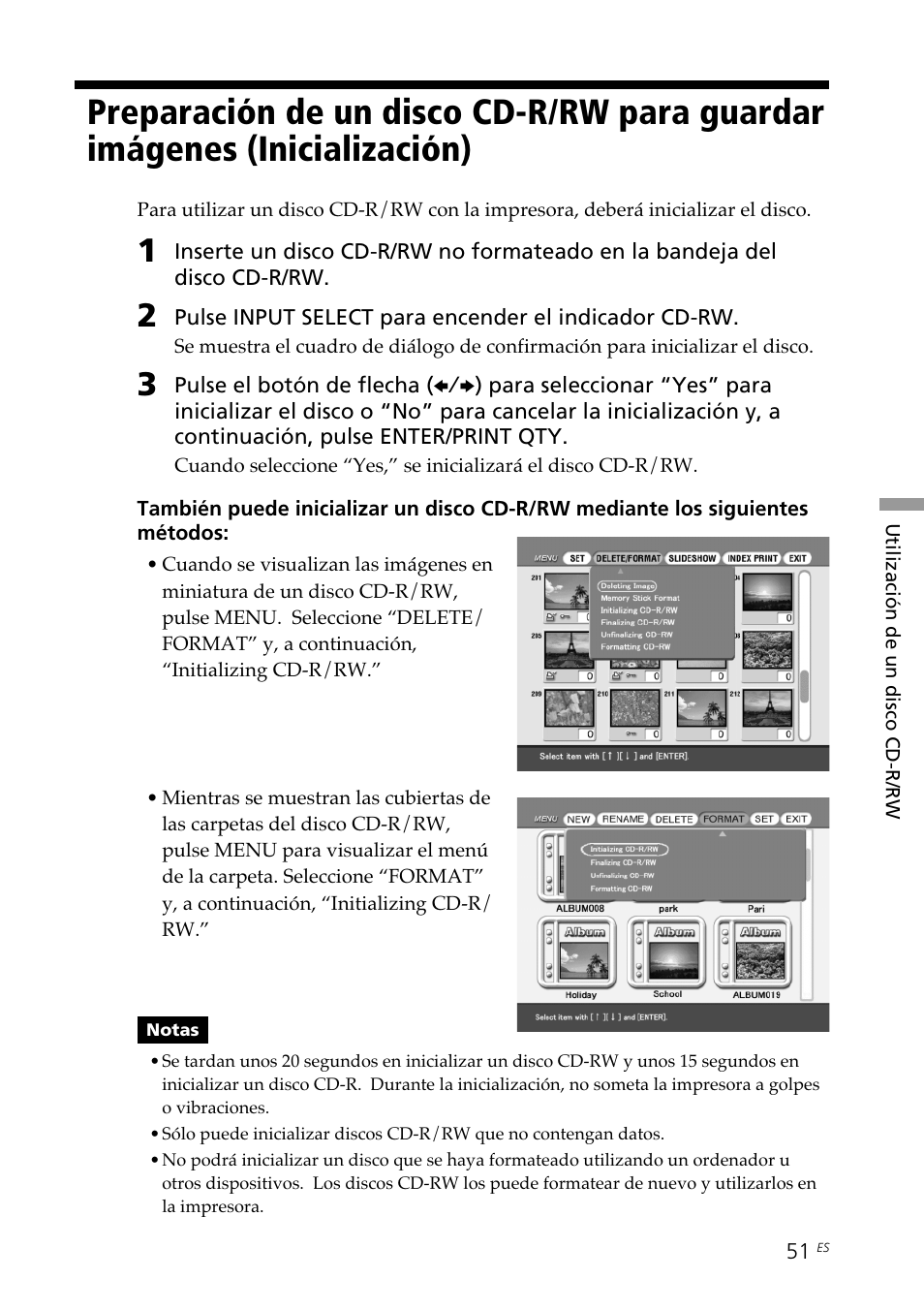 Preparación de un disco cd-r/rw para, Guardar imágenes (inicialización) | Sony DPP-SV88 User Manual | Page 279 / 344