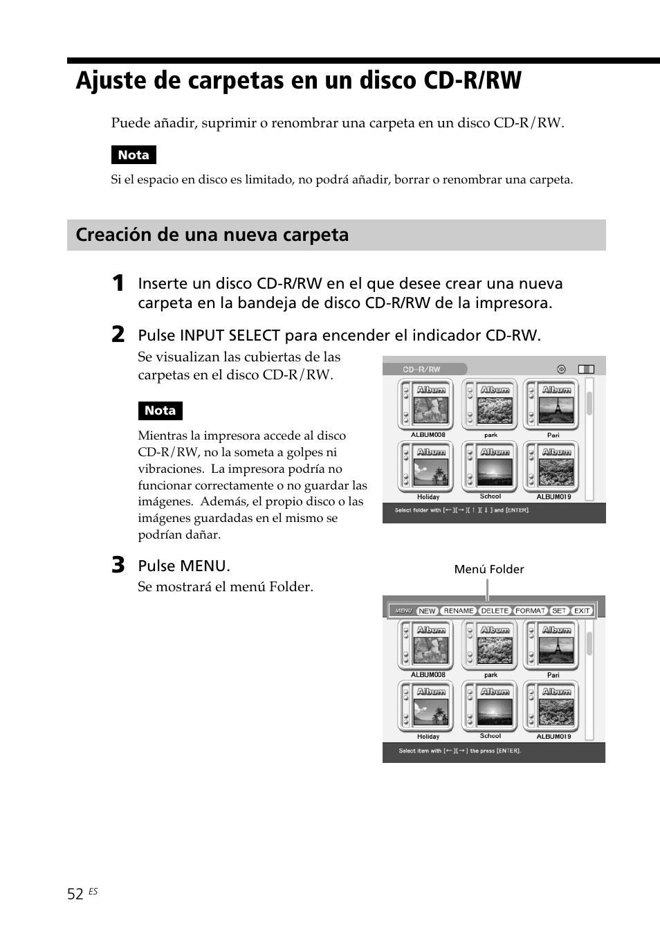 Ajuste de carpetas en un disco cd-r/rw, Creación de una nueva carpeta | Sony DPP-SV88 User Manual | Page 280 / 344