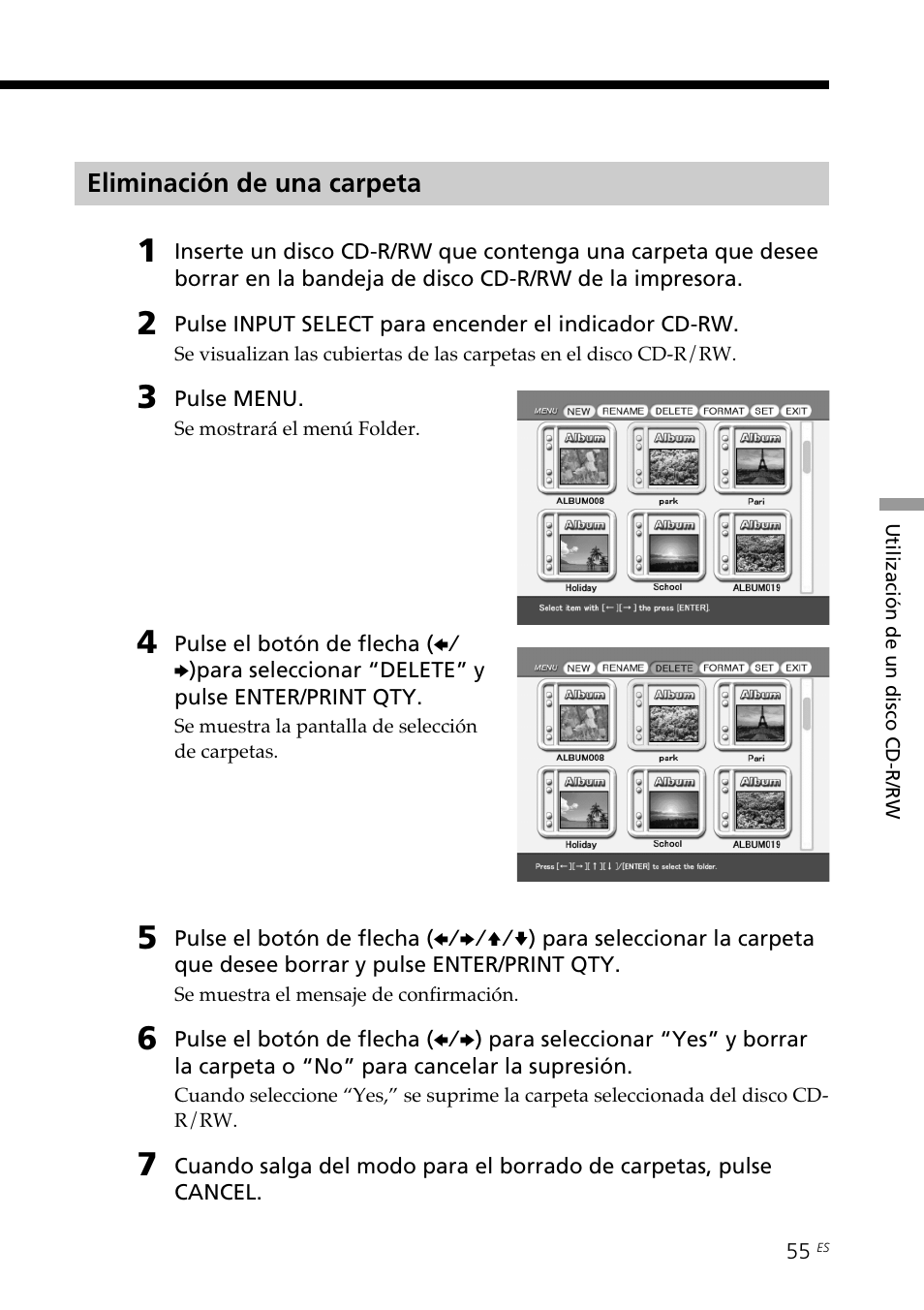 Eliminación de una carpeta, Visualización de imágenes de un disco, Cd-r/rw en el ordenador | Sony DPP-SV88 User Manual | Page 283 / 344