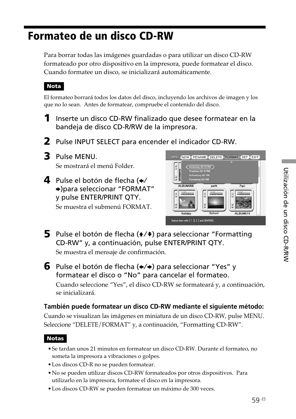 Formateo de un disco cd-rw, Ajuste de la velocidad de acceso de un, Disco cd-r/rw | Sony DPP-SV88 User Manual | Page 287 / 344