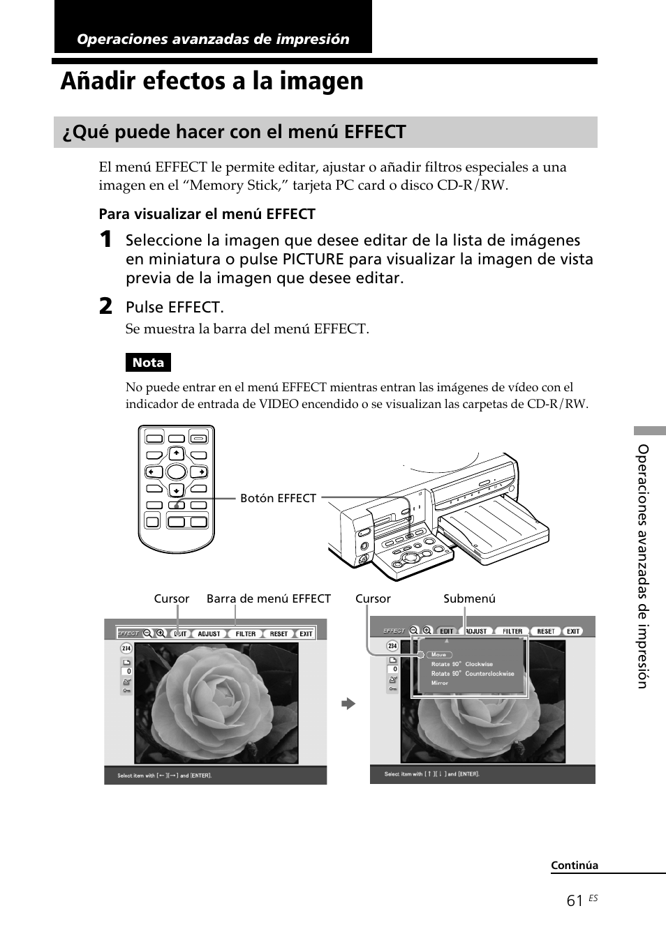 Operaciones avanzadas de impresión, Añadir efectos a la imagen, Qué puede hacer con el menú effect | Sony DPP-SV88 User Manual | Page 289 / 344