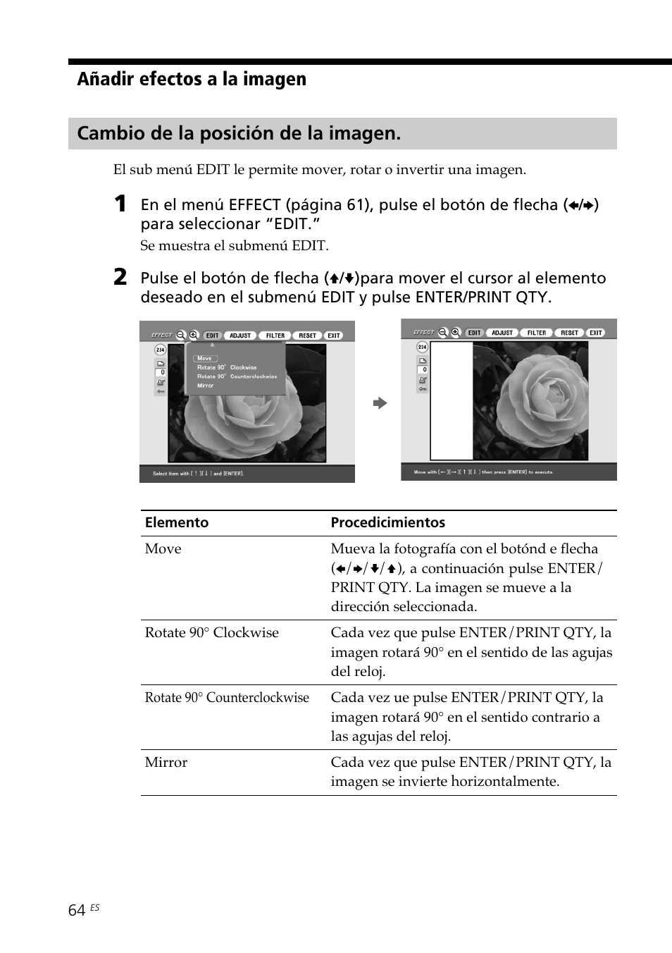 Cambio de la posición de la imagen, Añadir efectos a la imagen | Sony DPP-SV88 User Manual | Page 292 / 344