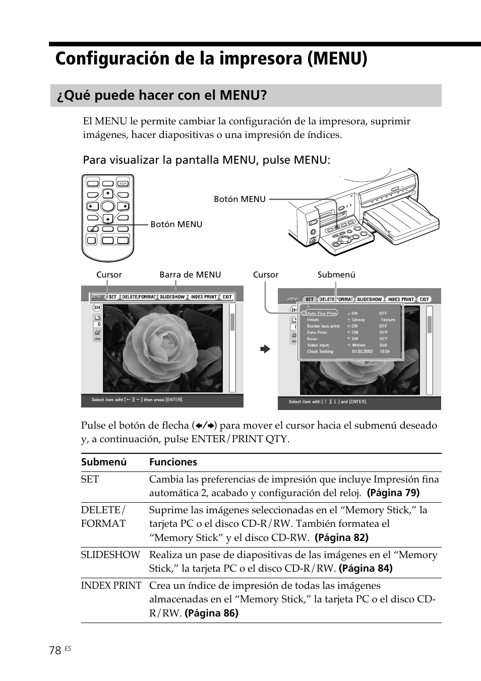 Configuración de la impresora (menu), Qué puede hacer con el menu | Sony DPP-SV88 User Manual | Page 306 / 344