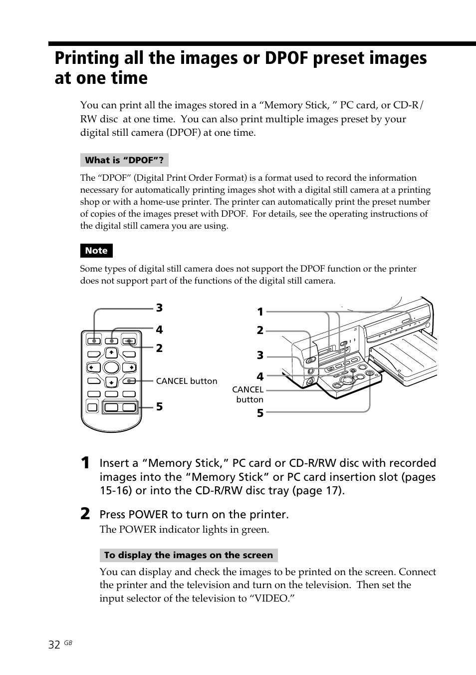 Dpof, All or dpof images, Printing all the images or dpof preset | Images at one time | Sony DPP-SV88 User Manual | Page 32 / 344