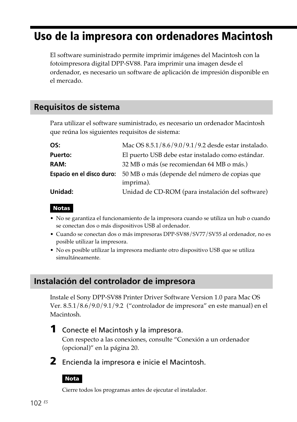 Uso de la impresora con ordenadores macintosh, Requisitos de sistema, Instalación del controlador de impresora | Uso de la impresora con ordenadores | Sony DPP-SV88 User Manual | Page 330 / 344