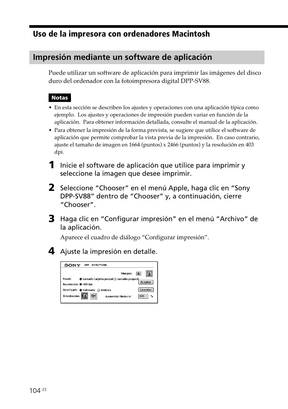 Impresión mediante un software de aplicación, Uso de la impresora con ordenadores macintosh | Sony DPP-SV88 User Manual | Page 332 / 344