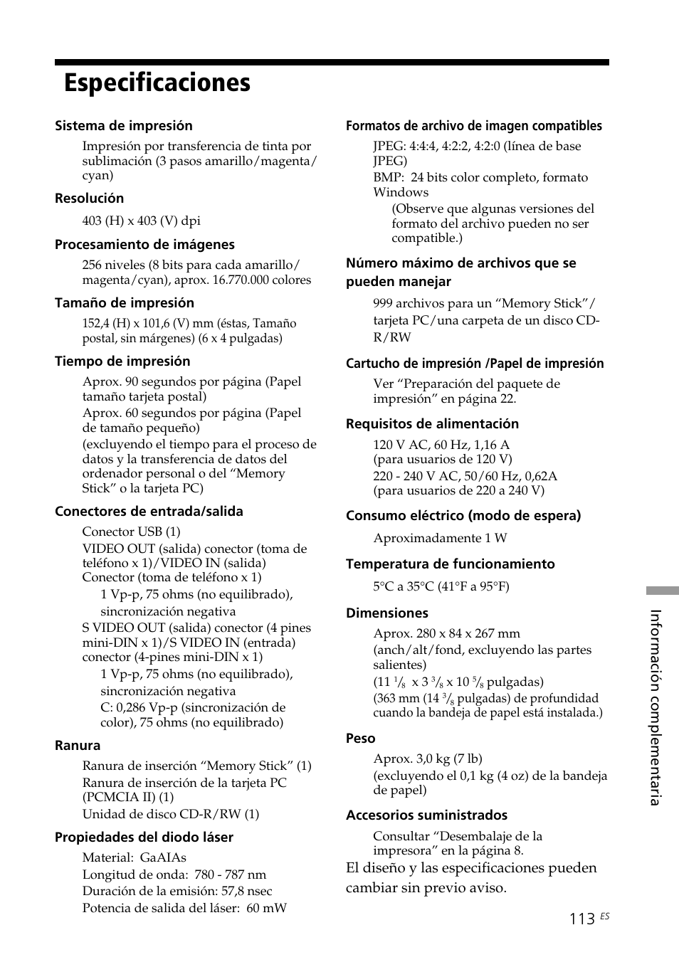 Especificaciones | Sony DPP-SV88 User Manual | Page 341 / 344