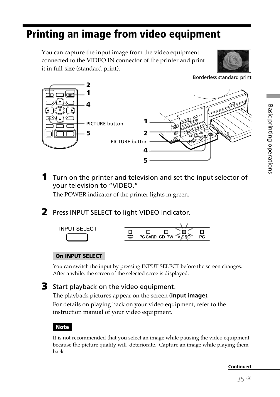 Printing an image from video equipment, Input image, Video images | Video, Printing an image from, Video equipment | Sony DPP-SV88 User Manual | Page 35 / 344