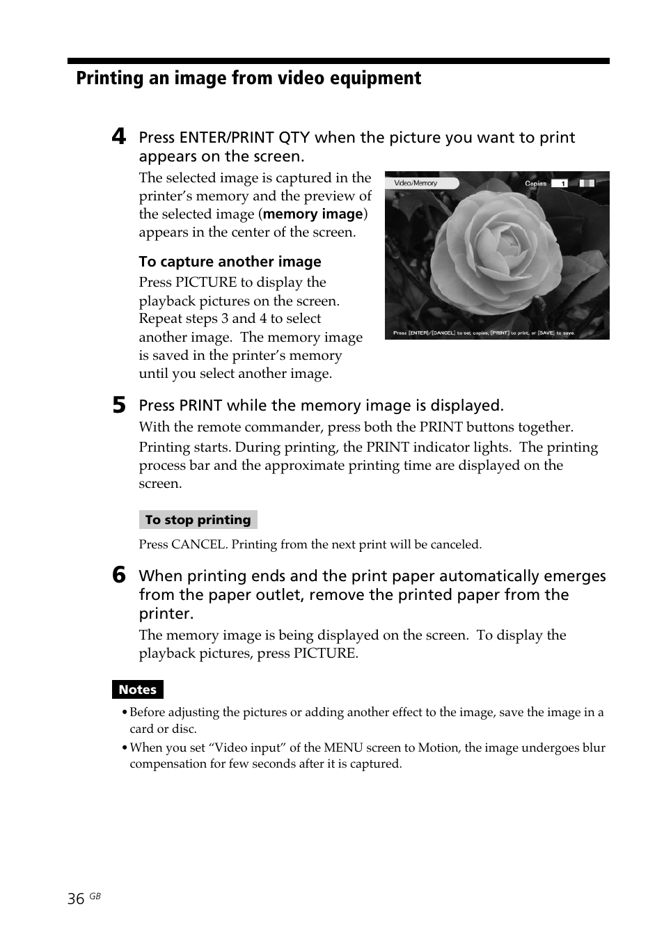 Memory image (video), Printing an image from video equipment | Sony DPP-SV88 User Manual | Page 36 / 344