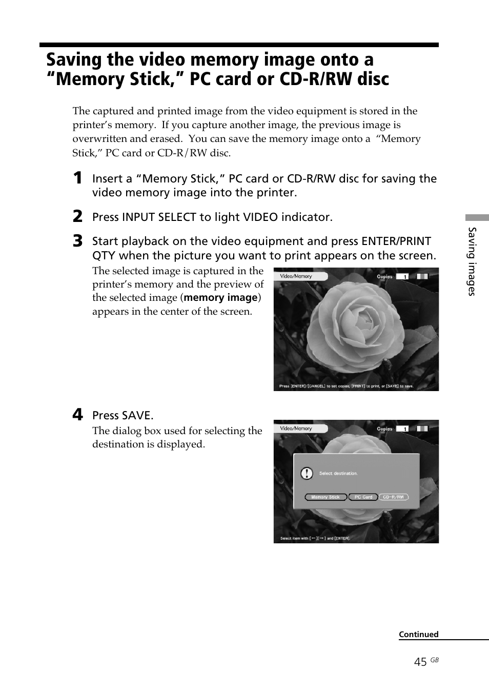 Video images, Saving the video memory image onto a, Memory stick,” pc card or cd-r/rw disc | Sony DPP-SV88 User Manual | Page 45 / 344