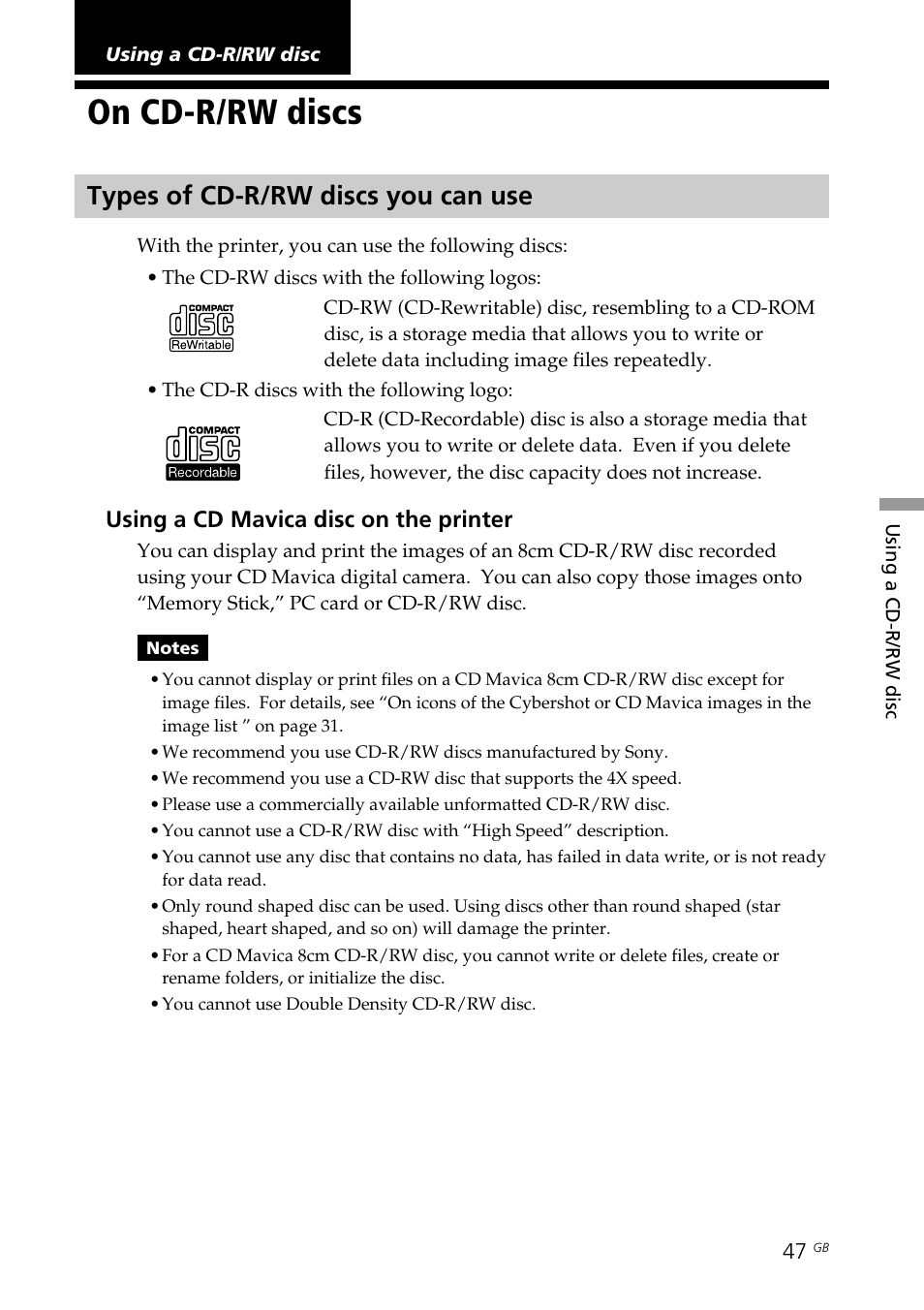 Using a cd-r/rw disc, On cd-r/rw discs, Types of cd-r/rw discs you can use | Cd-r disc, Type of discs, Cd-rw disc | Sony DPP-SV88 User Manual | Page 47 / 344