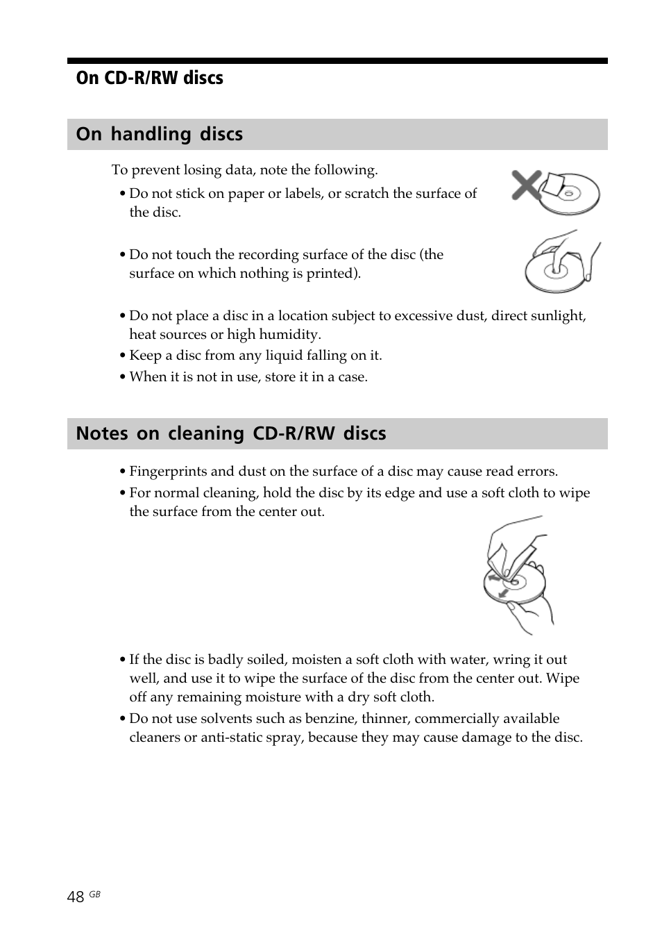 On handling discs, Notes on cleaning cd-r/rw discs, Cleaning | Notes on handling, On handling discs notes on cleaning cd-r/rw discs, On cd-r/rw discs on handling discs | Sony DPP-SV88 User Manual | Page 48 / 344