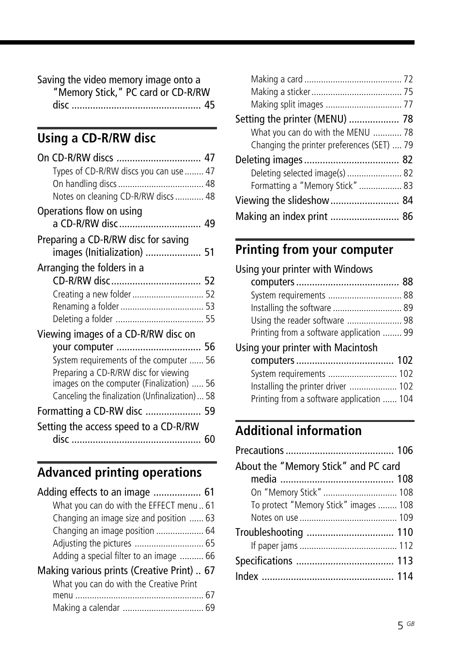 Using a cd-r/rw disc, Advanced printing operations, Printing from your computer | Additional information | Sony DPP-SV88 User Manual | Page 5 / 344