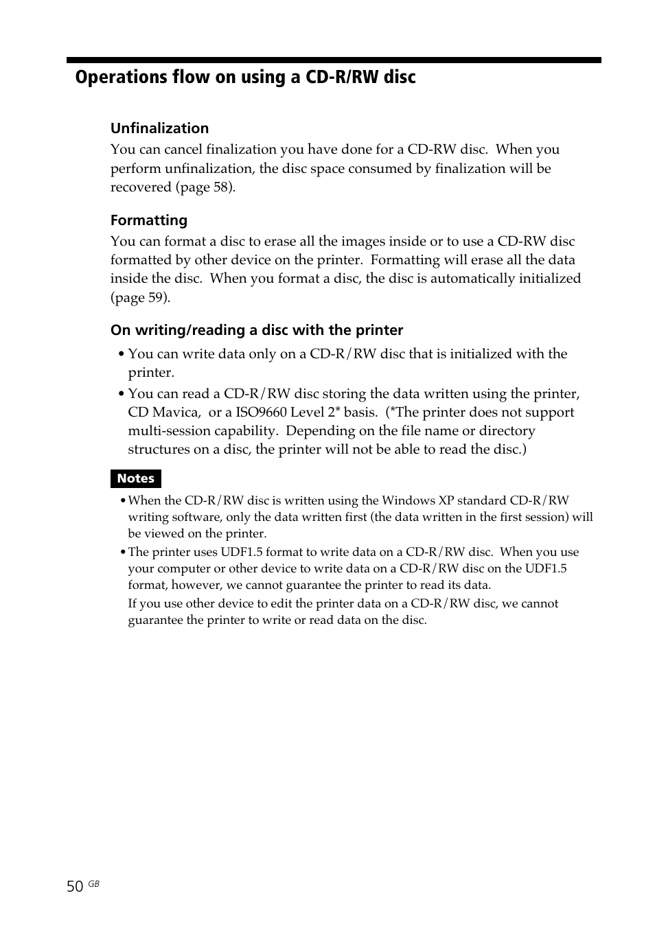 Writing/reading a disc, Writing/reading, Operations flow on using a cd-r/rw disc | Sony DPP-SV88 User Manual | Page 50 / 344