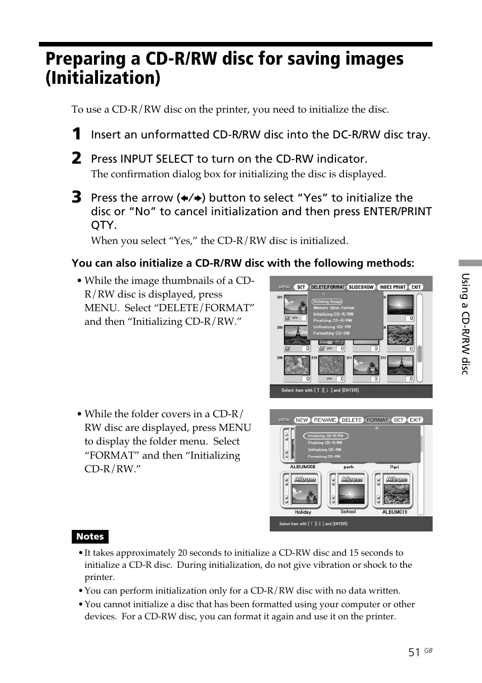 Preparing a cd-r/rw disc for saving, Images (initialization) | Sony DPP-SV88 User Manual | Page 51 / 344