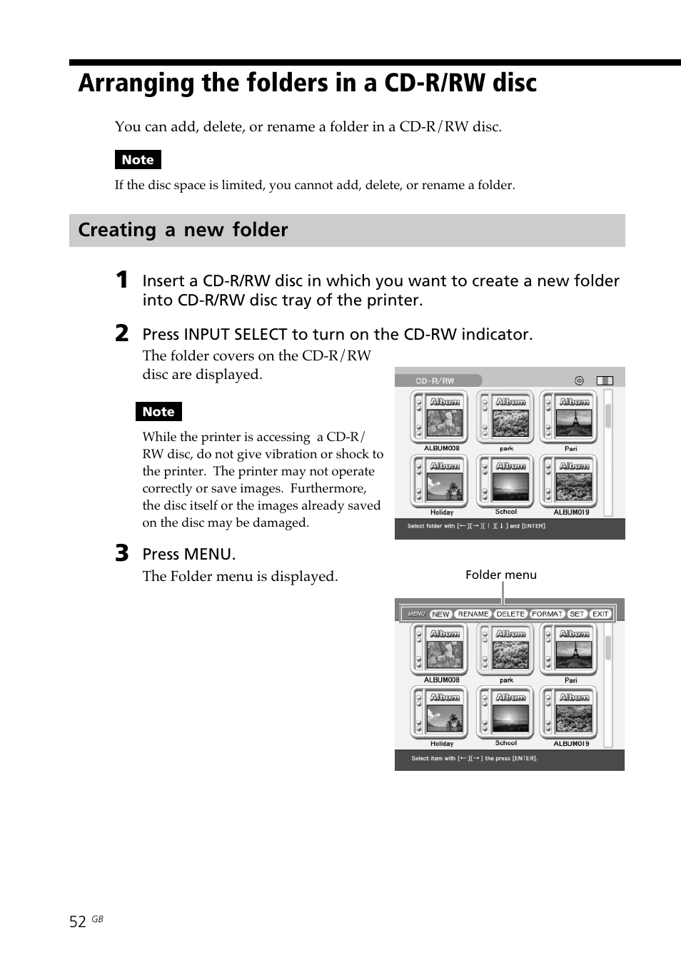 Arranging the folders in a cd-r/rw disc, Creating a new folder, Creating a folder | Folder menu, Arranging the folders in a, Cd-r/rw disc | Sony DPP-SV88 User Manual | Page 52 / 344