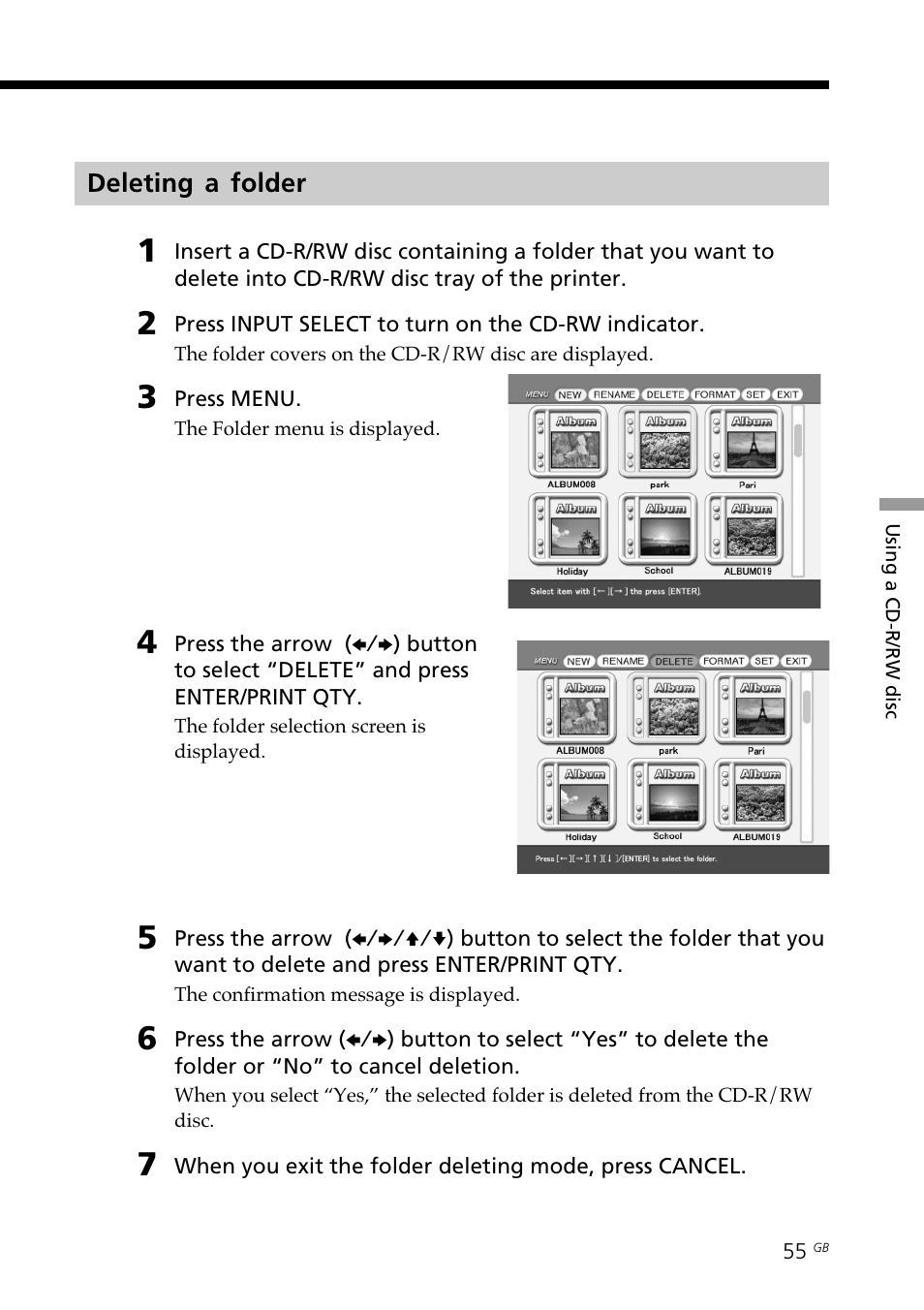 Deleting a folder, Folders | Sony DPP-SV88 User Manual | Page 55 / 344