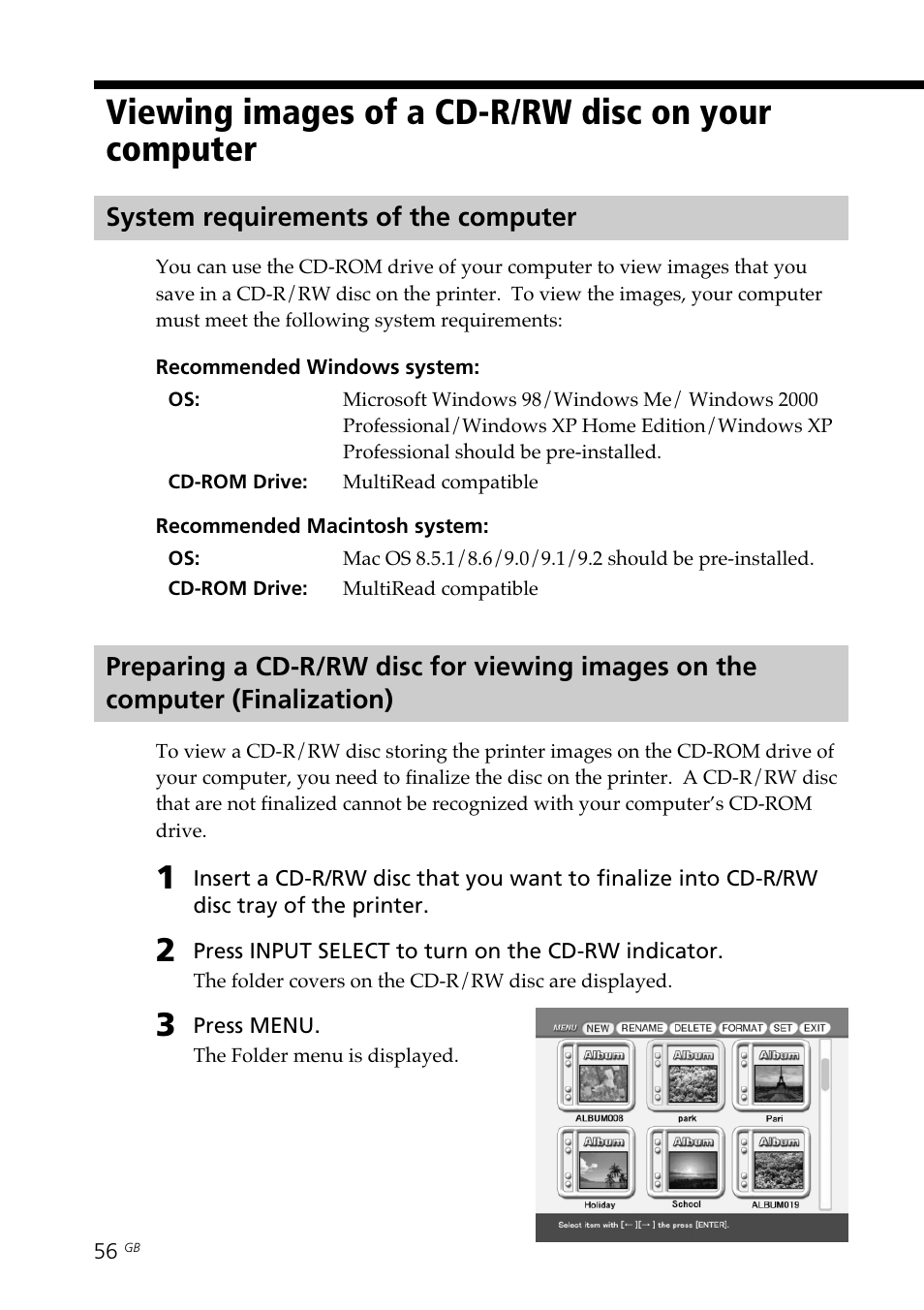 Viewing images of a cd-r/rw disc on your computer, System requirements of the computer, Viewing images of a cd-r/rw disc on | Your computer | Sony DPP-SV88 User Manual | Page 56 / 344