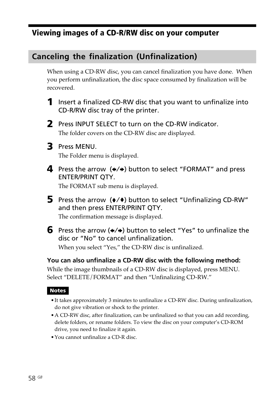 Canceling the finalization (unfinalization), Unfinalization | Sony DPP-SV88 User Manual | Page 58 / 344