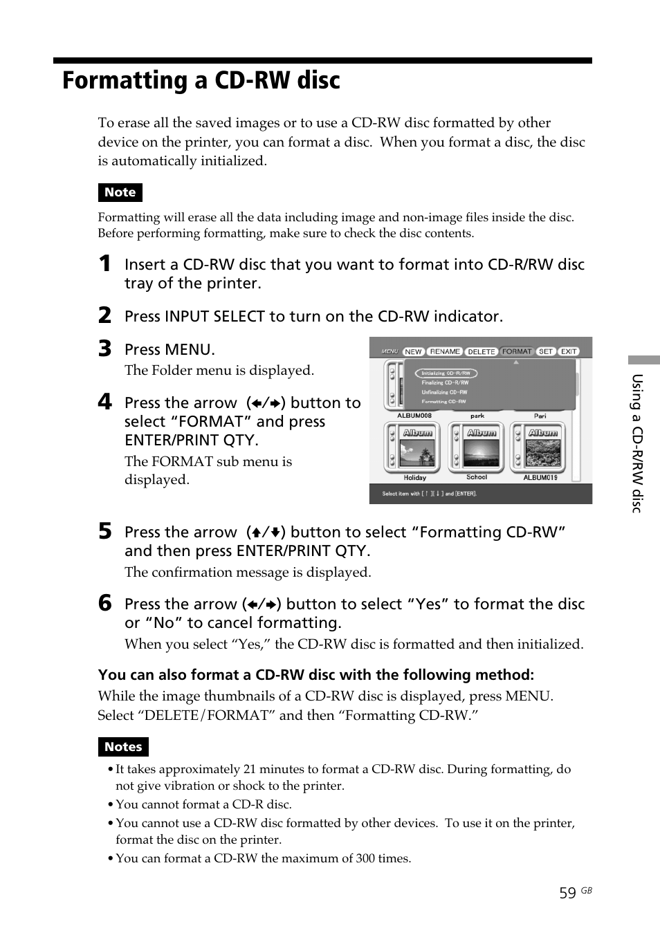 Formatting a cd-rw disc, Formatting, Cd-r/rw disc | Sony DPP-SV88 User Manual | Page 59 / 344