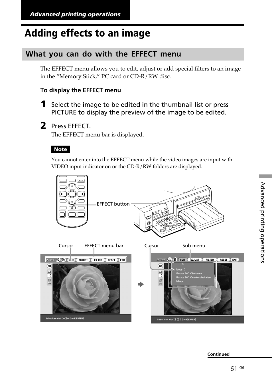 Advanced printing operations, Adding effects to an image, What you can do with the effect menu | Effect menu | Sony DPP-SV88 User Manual | Page 61 / 344