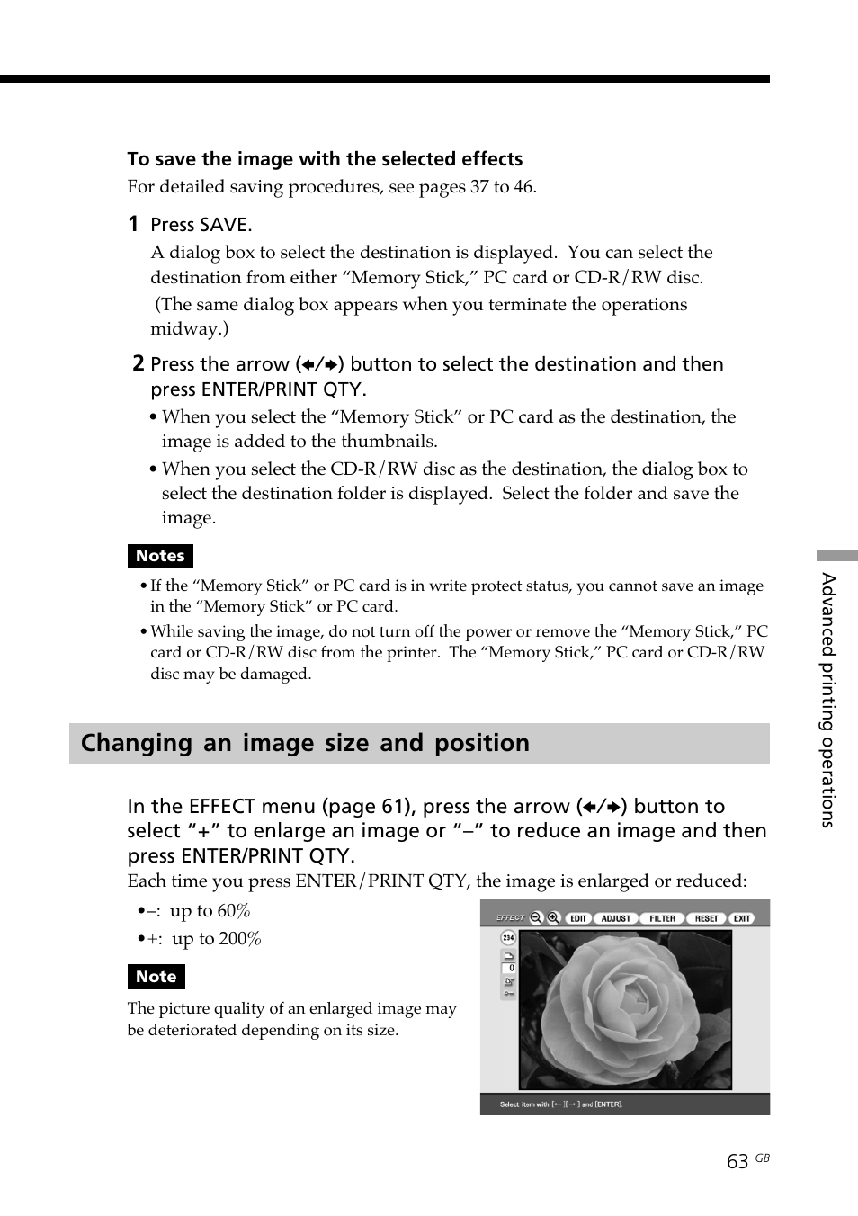 Changing an image size and position, Zooming an image | Sony DPP-SV88 User Manual | Page 63 / 344