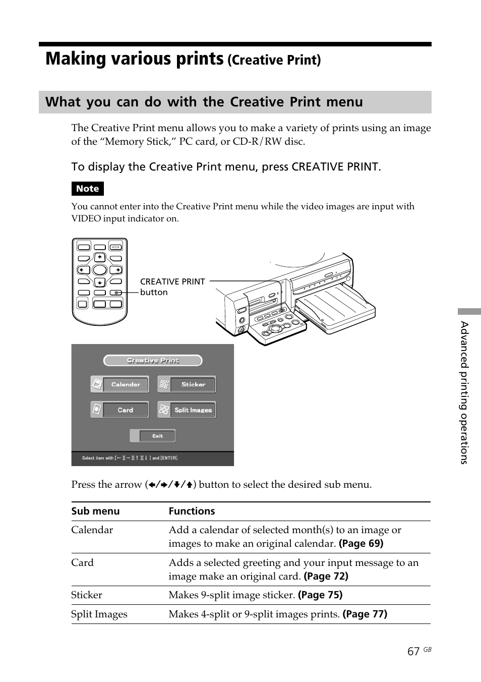 Making various prints (creative print), What you can do with the creative print menu, Creative print menu | Making various prints | Sony DPP-SV88 User Manual | Page 67 / 344