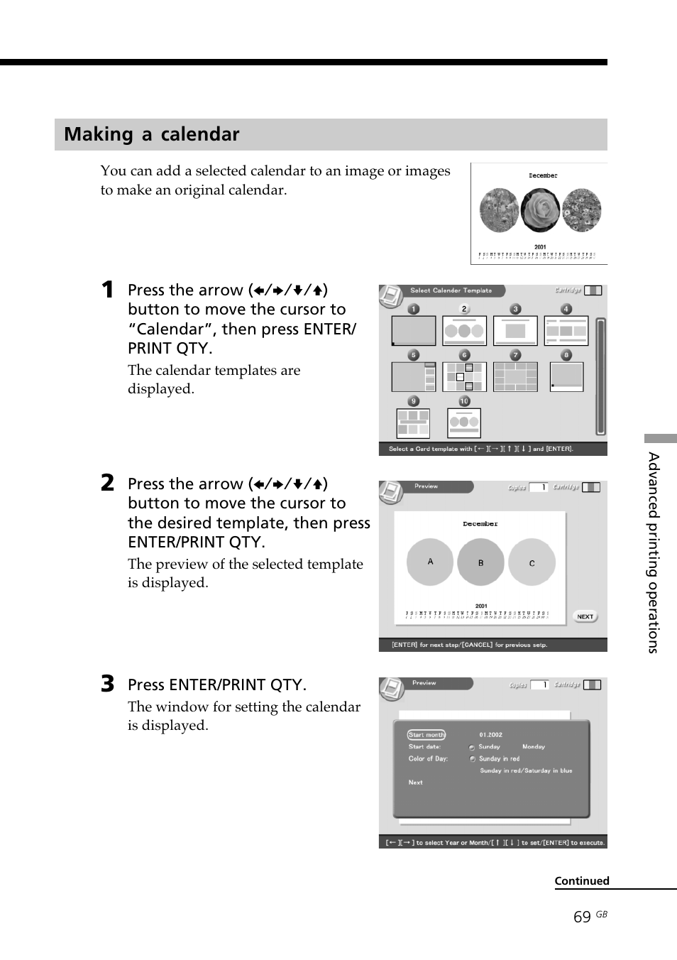 Making a calendar, Calendar | Sony DPP-SV88 User Manual | Page 69 / 344