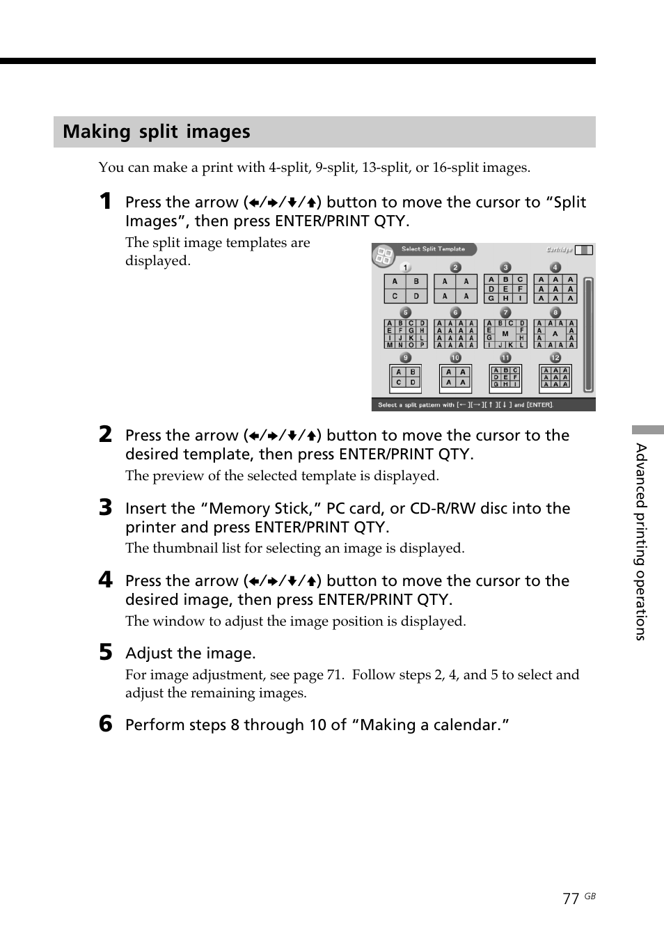 Making split images, Split images | Sony DPP-SV88 User Manual | Page 77 / 344