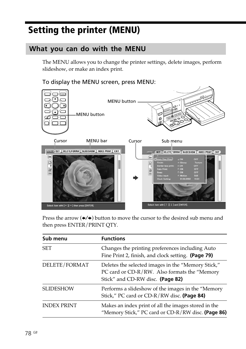 Setting the printer (menu), What you can do with the menu, Menu | Sony DPP-SV88 User Manual | Page 78 / 344